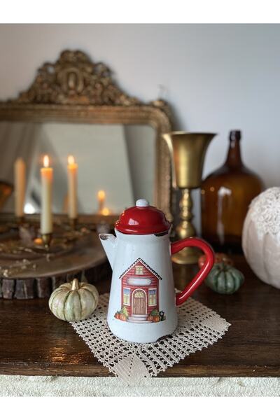 Handmadesign Kapaklı El Yapımı Seramik Sürahi - Kabakli Kedili Kirmizi Ev