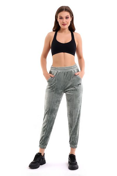 winmoda Pantaloni de sport moale verzi Jogger cu talie inalta din catifea frantuzeasca