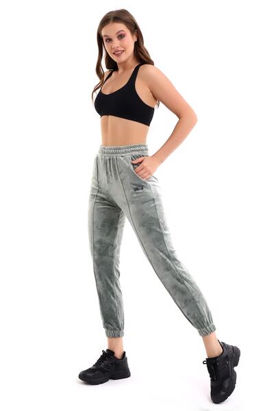 winmoda Πράσινο μαλακό αθλητικό παντελόνι Jogger ψηλόμεσο γαλλικό βελούδο