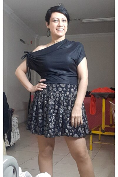 Mertcan Butik Single Shoulder Lace Detailed Black Glitter Combed Cotton Viscose T-Shirt