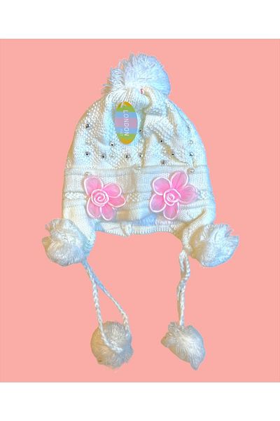Pink Hippo Kids Girl's 4-10 Years Old Knitted Beanie with Ears and Fur and Pompom Detail