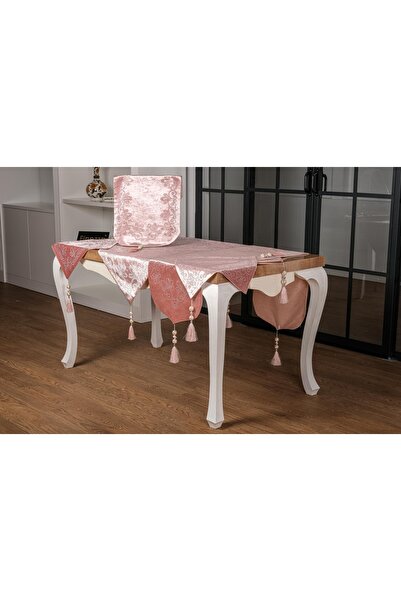 Finezza Belda Kadife Nakışlı Runnerlı Pudra Salon Takımı 5 Parça - 1273