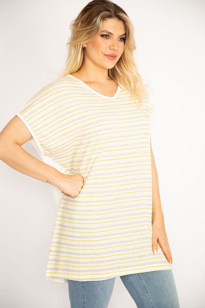 Şans Women's Large Size Bone Front Striped Plain Back Low Sleeve Viscose Blouse 65n34914