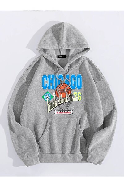 Yasolin Unisex Chicago76 Štampano Oversize kroj Sa kapuljačom Dukserica Siva