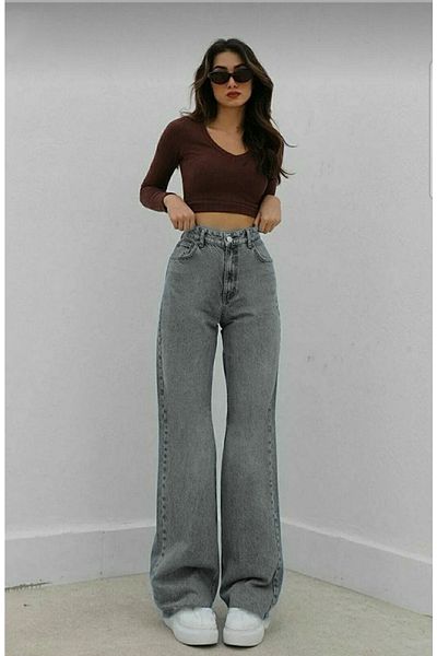 Livik Women's Smoked Lycra Super High Waist Loose Leg Jeans