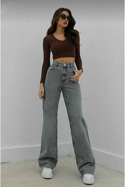 Livik Women's Smoked Lycra Super High Waist Loose Leg Jeans