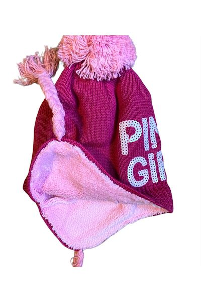 Pink Hippo Kids Girl's 4-10 Years Old Knitted Beanie with Ears, Fur Inside, Pompom and Sequin Detail