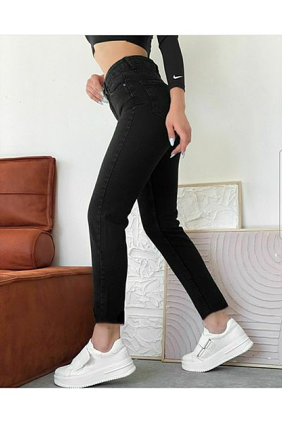 Livik Women's Black High Waist Lycra Mom Jeans