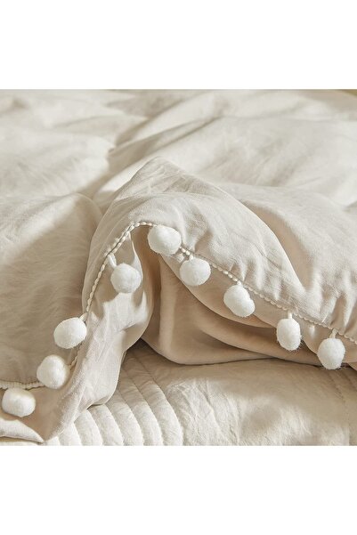 Tinybabyconcept 100% Cotton 2-Piece Pillow Case 50X70 cm Beige with Pompom Edge, Decorative, Breathable