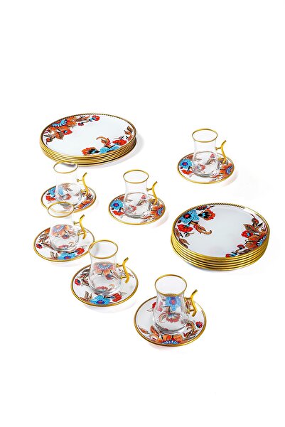 GÜRCÜGLASS Beyaz Çiçekli 24 Prç Kulplu Set