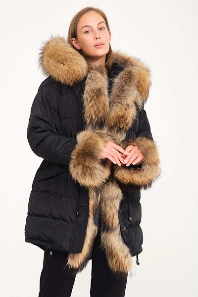 Milano Calvino Women's Furry Black Inflatable Parka (raccoon)