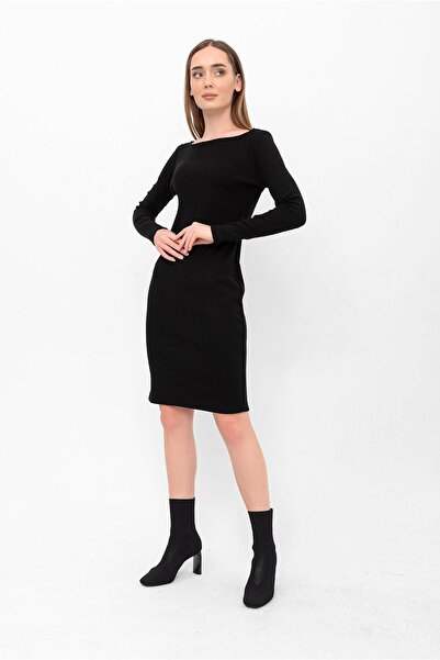 Laranor Siyah Kayık Yaka Fitilli Kaşkorse Elbise