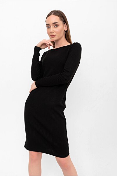 Laranor Siyah Kayık Yaka Fitilli Kaşkorse Elbise
