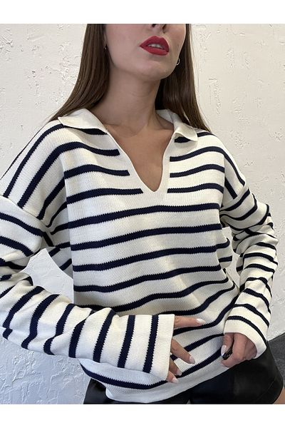 PRATICS Pulover de damă din tricot cu dungi cu gât polo