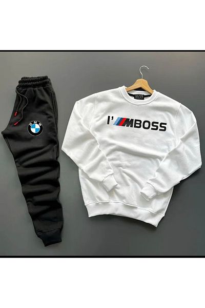 NewCabin New Season I'm Boss Printed White Cotton Crew Neck Sweat-cotton Winter Sweatpants Set 2
