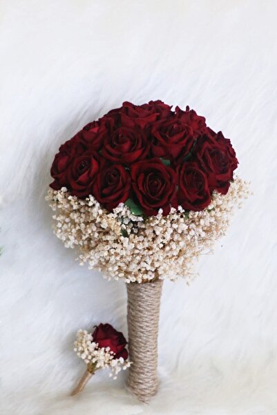 Hayalperest boncuk Koyu Kırmızı Kadife Gül Gelin Buketi Cipsolu