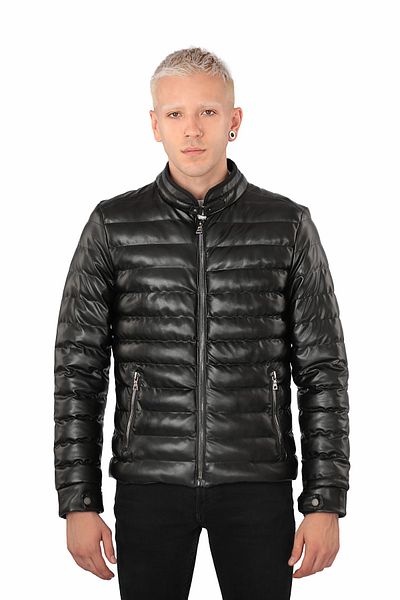 Oliggopol Ανδρικό μαύρο Slim Fit Αδιάβροχο δερμάτινο μπουφάν με εσωτερική τσέπη και γούνα στο εσωτερικό