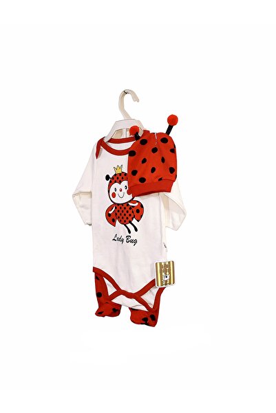 minibird baby Minibird Uğur Böcekli Baskılı Badili Bebek Zıbın Takımı 3'lü