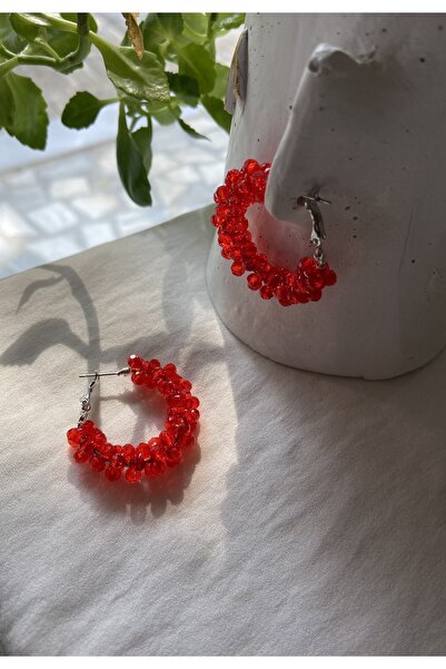 Pearly Handmade Kırmızı Halka Küpe Kırmızı Kristal Boncuk Gümüş Renk Küpe