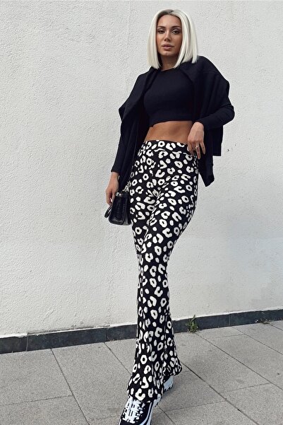 KaSheHa Bej Leopar Yüksek Bel Ispanyol Paça Kadın Pantolon 100 Cm