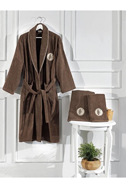 Finezza Troya %100 Pamuk Biyeli Nakışlı Kahverengi Bornoz Seti 3 Parça - 1295