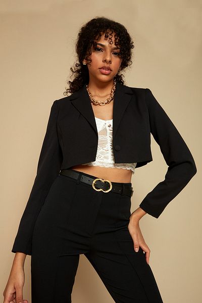 Select Moda Γυναικείο μαύρο σακάκι με μονό κουμπί Crop Blazer