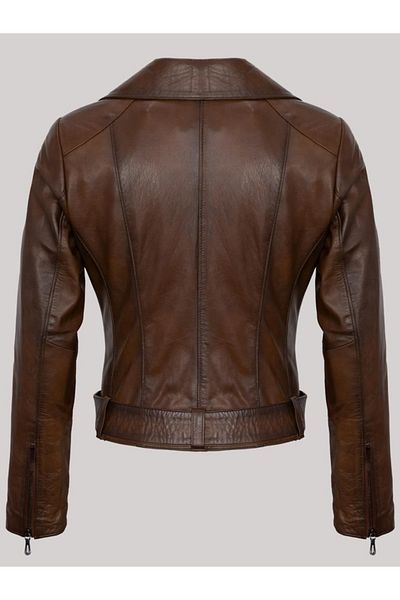 Derimont's Genuine Leather Brown Belted Side Zipper Women's Leather Jacket