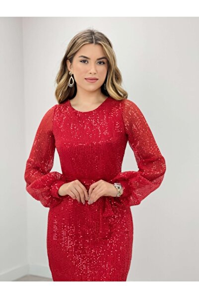 giyimmasalı Tül Payet Tasarım Elbise - Kırmızı