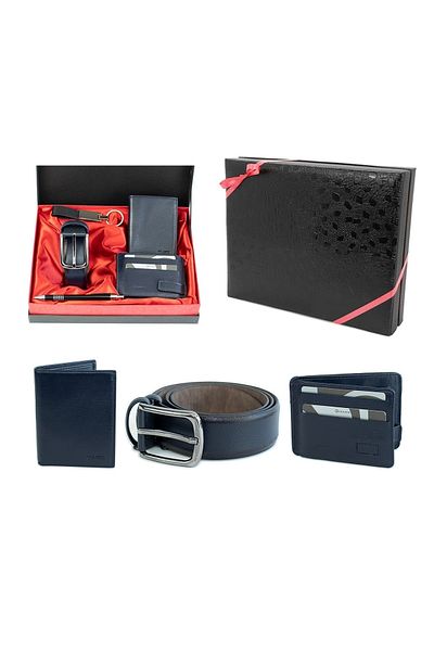 Grande Men's Navy Blue Leather Wallet Leather Magnetic Card Holder & Belt Set