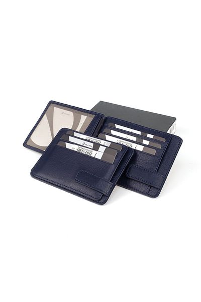 Grande Men's Navy Blue Leather Wallet Leather Magnetic Card Holder & Belt Set