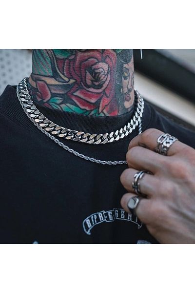 The Collection Thick Cuban Men's Steel Necklace Chain 7mm 55cm
