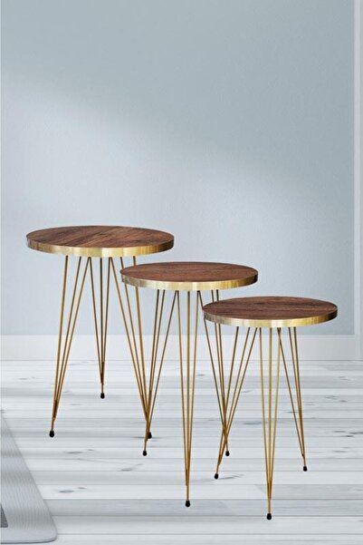 Victor Vallery 3 Lü Zigon Sehpa Ahşap Gold