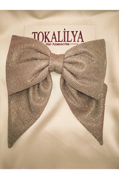 TOKALİLYA Kadın Simli Parlak Pudra Rengi Fiyonk Klipsli Otomatik Toka