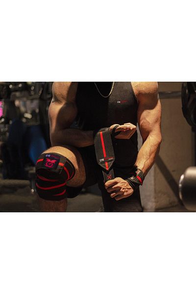 Dex Supports Lasting Energy Pro Red Knee Wraps, Lifting Straps and Elite Wrist Wraps - 3 Piece Set