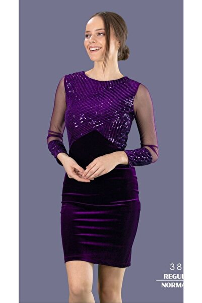 GÜZELLER Kolları Tül Üzeri Ve Kol Uçları Payetli Kadife Elbise Abiye