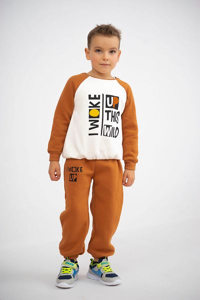 Harika KIDS Boy's 3 Thread Printed Raised Woke Up Thick Long Sleeve Basic Tracksuit Set