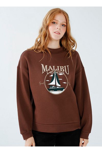 LİMON COMPANY Lemon Rundhals Bedrucktes Braunes Damen Sweatshirt Parle