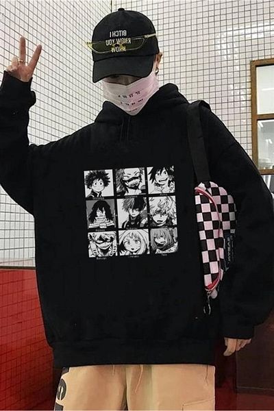 DENİKK My Hero Academia Collage Μαύρο μπλουζάκι με κουκούλα
