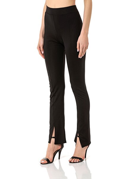 VISHENKA Kadın Siyah Renk Ispanyol Paça Yırtmaç Detaylı Yüksel Bel Tayt