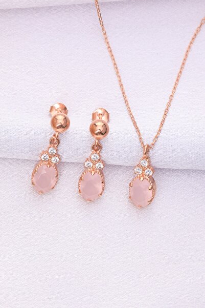 Miavi Silver 925 Ayar Gümüş Gül Kuvars Kolye Küpe Set