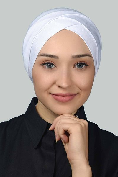 Altobeh Four-Band Cross External Hijab Cap Ready Turban Combed Cotton - white