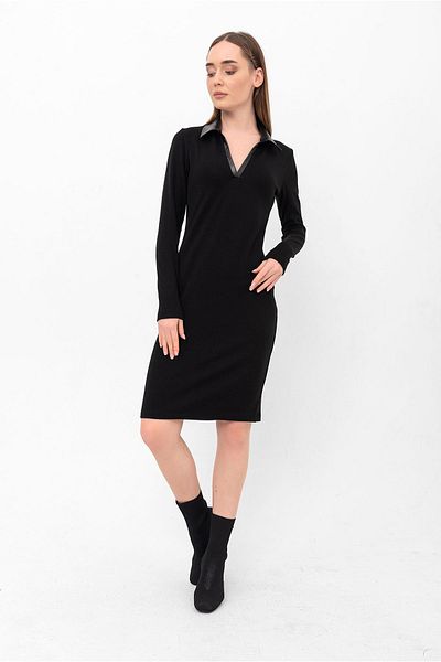 Laranor Black Shirt Collar Collar Leather Detail Knitwear Dress