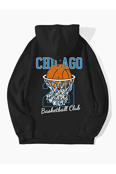 Yasolin Unisex Chicago76 Štampano Oversize kroj Sa kapuljačom Dukserica crna