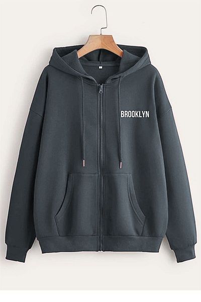 Black Sokak Blacksokak Men's Anthracite Brooklyn Printed Hooded Oversize Jacket