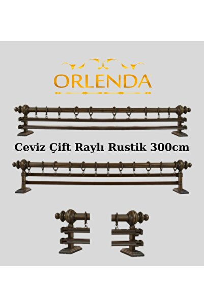 Orlenda Ceviz Ahşap Başlıklı Alminyum Boru Rustik Perde Askısı Çift Raylı 300 Cm