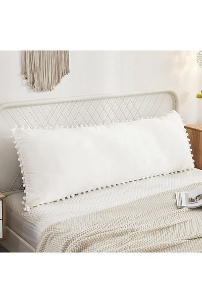 Tinybabyconcept Μακρύ κάλυμμα μαξιλαριού εγκυμοσύνης από φυσικό βαμβάκι 50x135 εκ. Λευκό με άκρη πομπόν, αναπνεύσιμο, διακοσμητικό