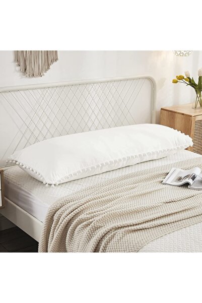 Tinybabyconcept Natural Cotton Long Maternity Pillow Case 50X135 cm White with Pompom Edge, Breathable, Decorative