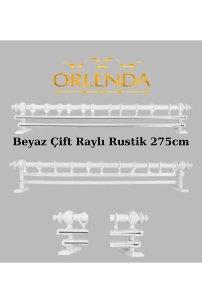 Orlenda Beyaz Ahşap Rustik Perde Askısı - Çift Raylı Rustik Borusu 275 Cm