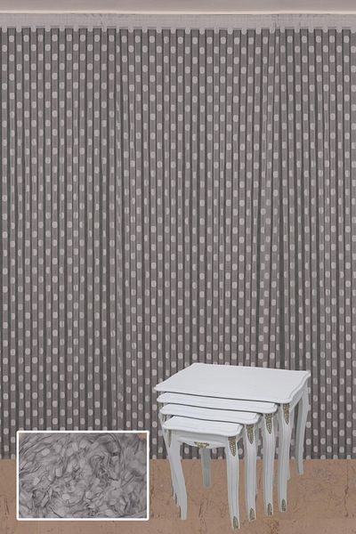 AKÇA TEKSTİL Polka Dot Model Gray Color Rope Curtain Ready Buttons Sewn Rope Curtain 300*270 Cm