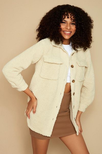 Select Moda Women's Cream Buttoned Plush Jacket Shirt